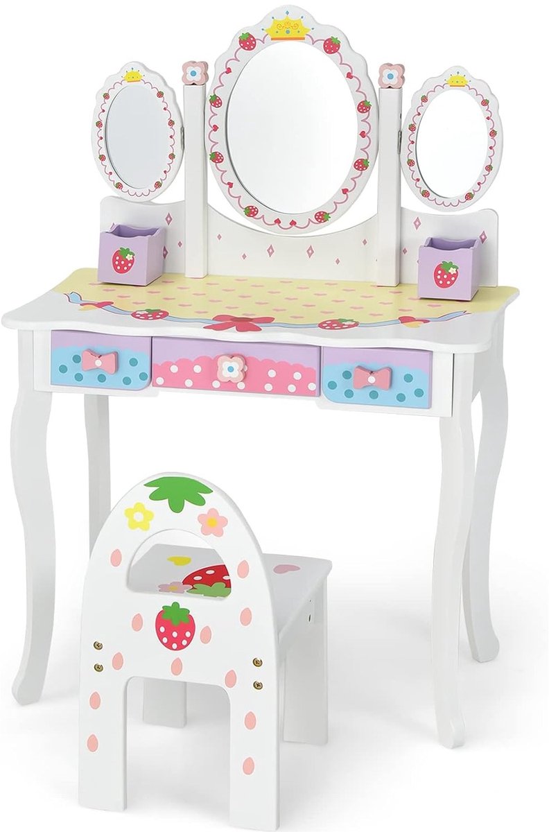 KOMFOTTEU Make-uptafel voor kinderen met 3 spiegels - kaptafel voor meisjes met 3 laden - prinses cosmeticatafel van hout Wit
