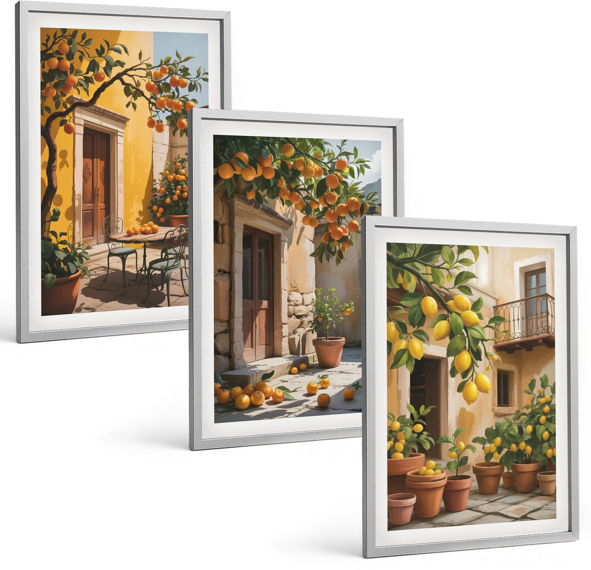 Coloray 3-Delige Schilderij Set - Citrusvruchten In Een Zonnige Binnenplaats Met Planten - 40 x 60 cm - Stijlvolle Muurdecoratie - Kantoor
