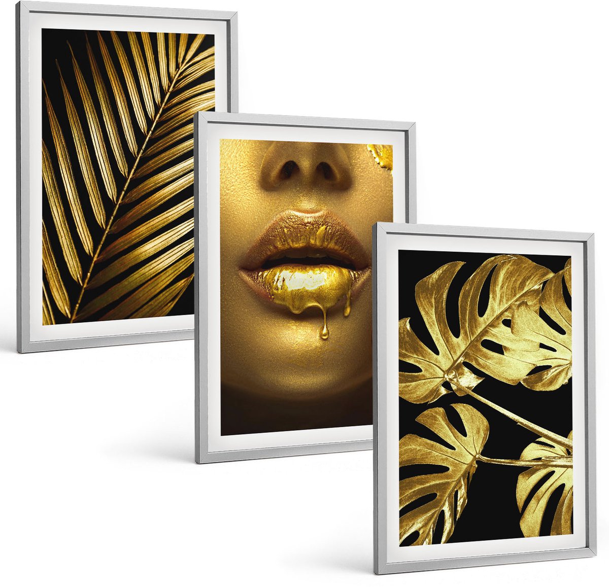 Coloray 3-Delige Schilderij Set - Palmbladeren Vrouwengezicht Monsterabladeren - 40 x 60 cm - Wanddecoratie - Woonkamer Decoratie - Muurdecoratie