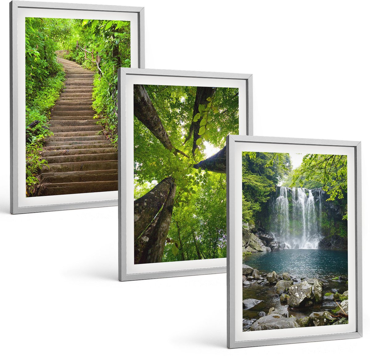 Coloray 3-Delige Schilderij Set - Bospad Met Waterval En Groene Vegetatie - 40 x 60 cm - Wanddecoratie - Moderne Interieurdecoratie - Interieur Decoratie