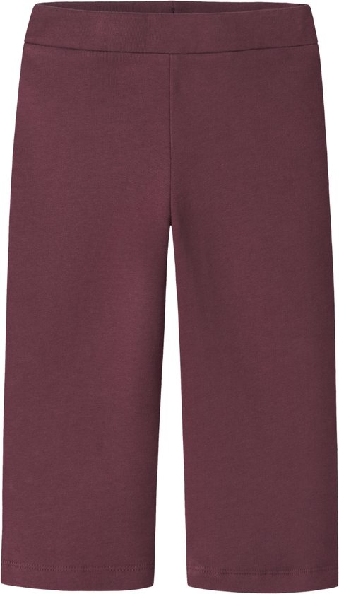 Bordeauxrode broek met wijde pijpen en een elastische tailleband.