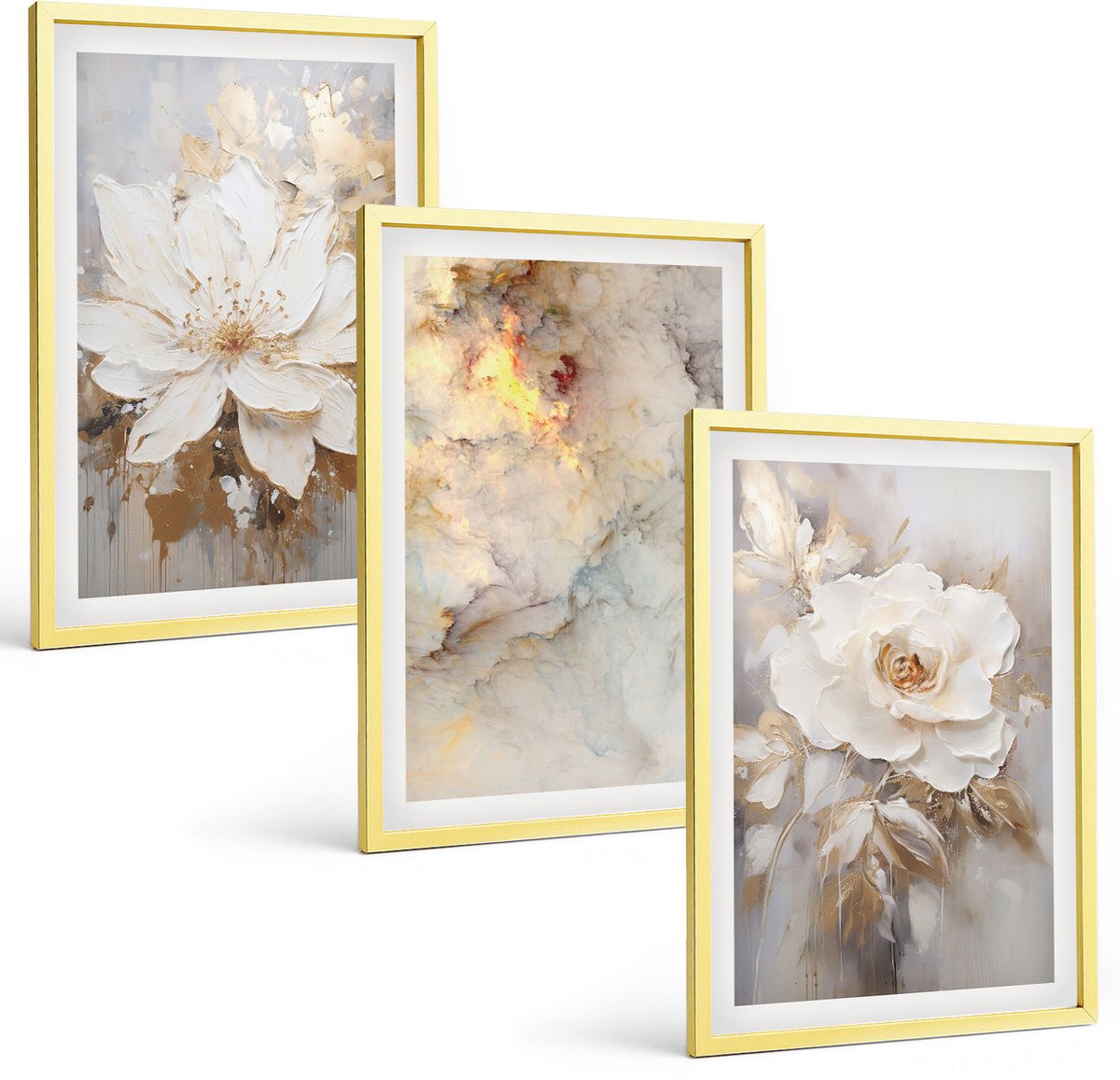 Coloray 3-Delige Schilderij Set - Tijgerwitte Bladeren En Een Waterval In Een Natuurlijke Omgeving - 40 x 40 cm En 40 x 60 cm - Stijlvolle Muurdecoratie - Kantoor - Wanddecoratie
