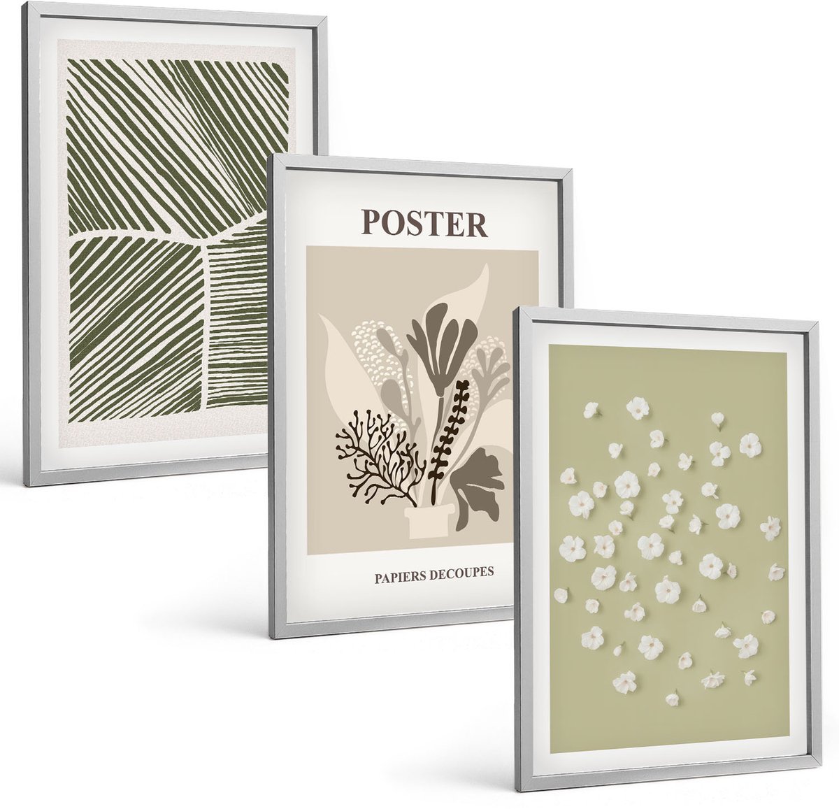 Coloray 3-Delige Schilderij Set - Plantmotieven In Ingetogen Kleuren En Patronen. - 40 x 60 cm - Schilderijen Set - Wanddecoratie - Woonkamer - Muurdecoratie