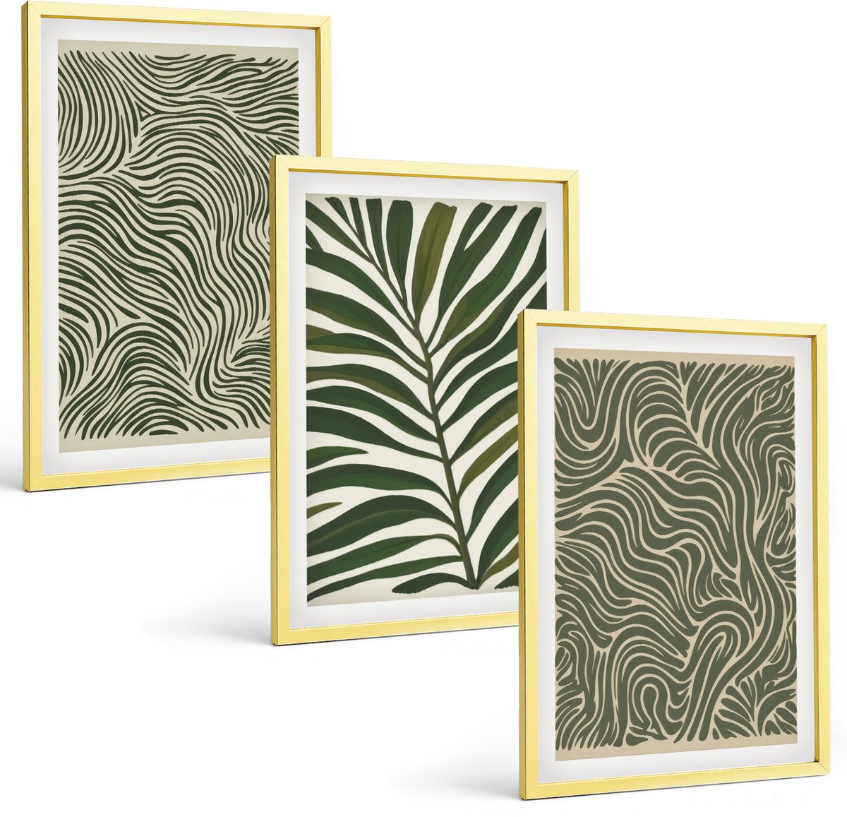 Coloray 3-Delige Schilderij Set - Abstracte Patronen Met Bladeren En Golvende Vormen - 40 x 40 cm En 40 x 60 cm - Muurdecoratie - Decoratieve Schilderijen - Wohnzimmer - Wanddecoratie