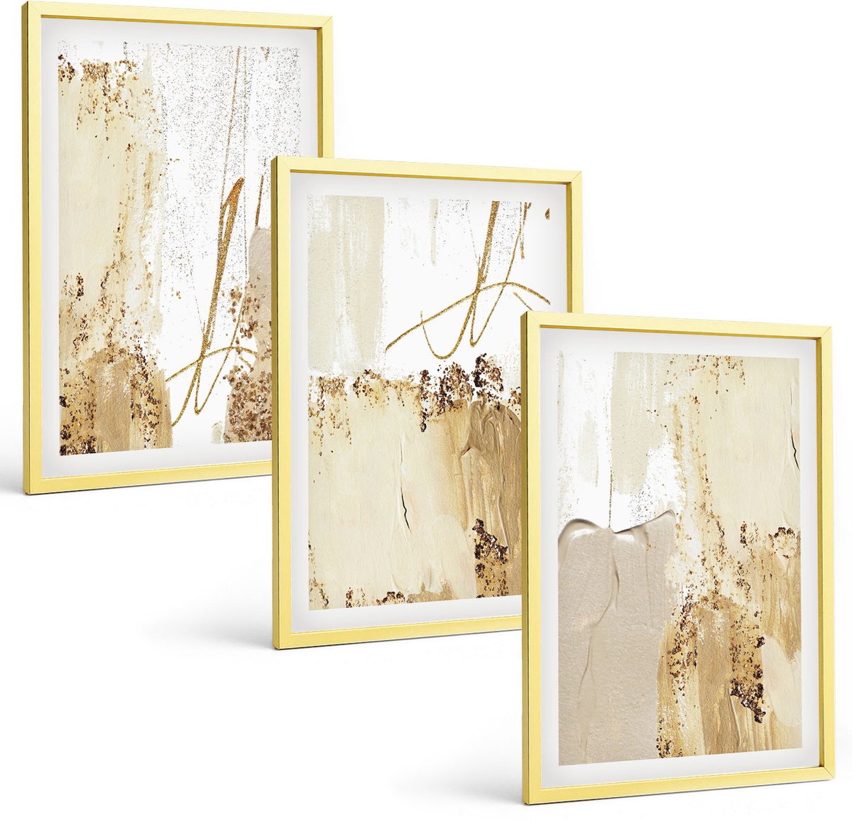Coloray 3-Delige Schilderij Set - Abstracte Patronen In Beige En Witte Tinten. - 40 x 40 cm En 40 x 60 cm - Muurdecoratie - Decoratieve Schilderijen - Wohnzimmer