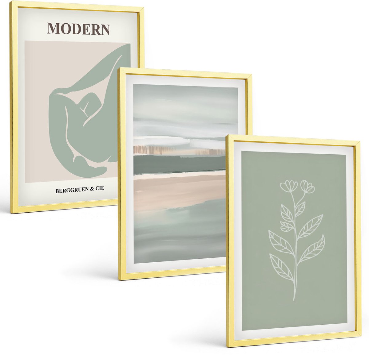 Coloray 3-Delige Schilderij Set - Abstracte Vormen In Pasteltinten Met Planten - 40 x 40 cm En 40 x 60 cm - Stijlvolle Wanddecoratie - Interieur - Decoratieve Schilderijen