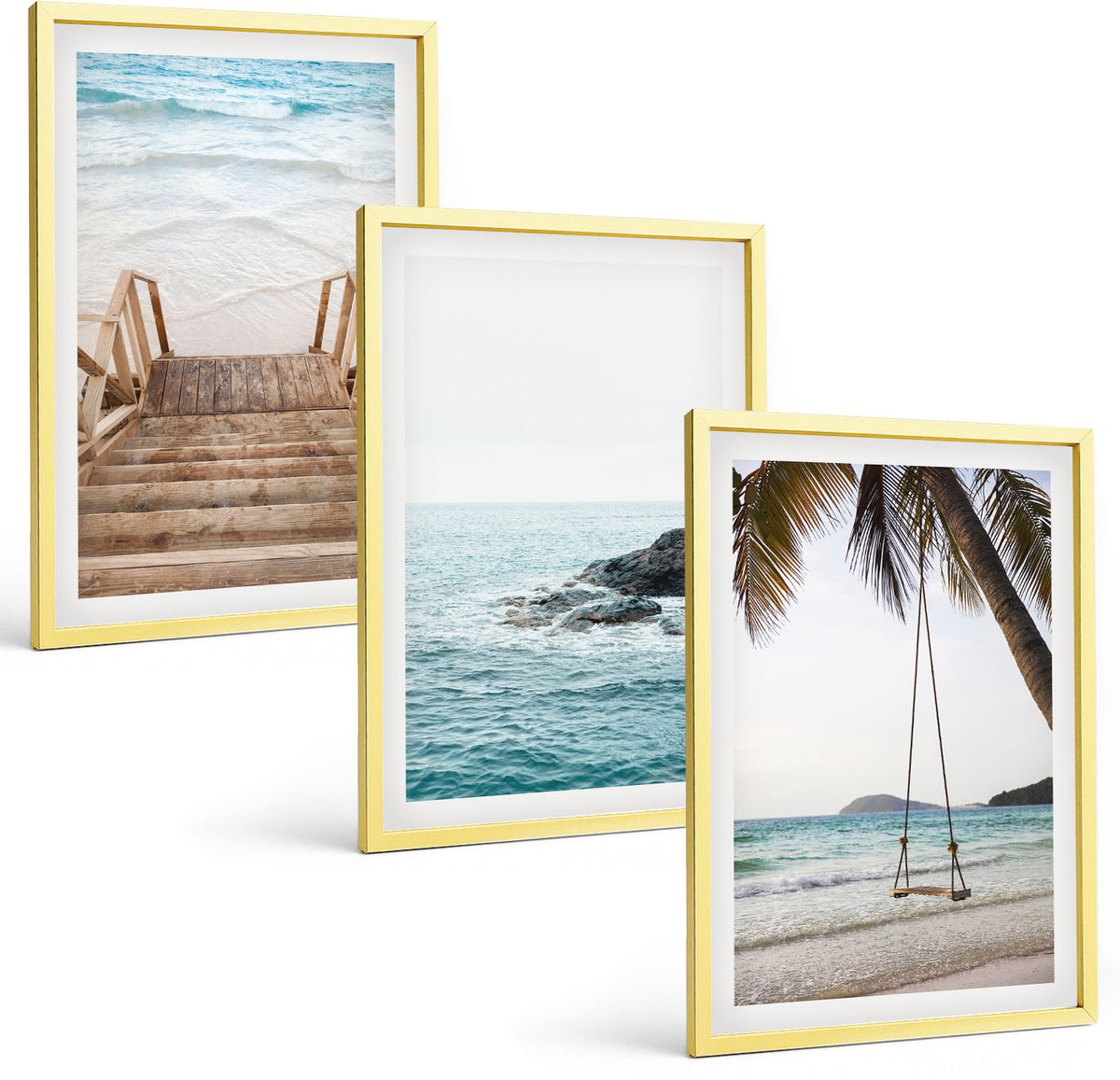 Coloray 3-Delige Schilderij Set - Trap Naar Het Strand, Uitzicht Op Zee En Schommel In Een Palmboom - 40 x 40 cm En 40 x 60 cm - Muurdecoratie - Decoratieve Schilderijen - Wohnzimmer - Interieur Decoratie