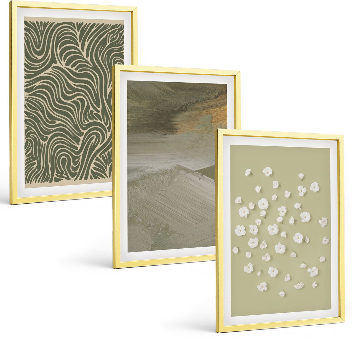 Coloray 3-Delige Schilderij Set - Golvende En Abstracte Patronen Met Boho-Bloemen - 40 x 40 cm En 40 x 60 cm - Stijlvolle Muurdecoratie - Slaapkamer - Wanddecoratie