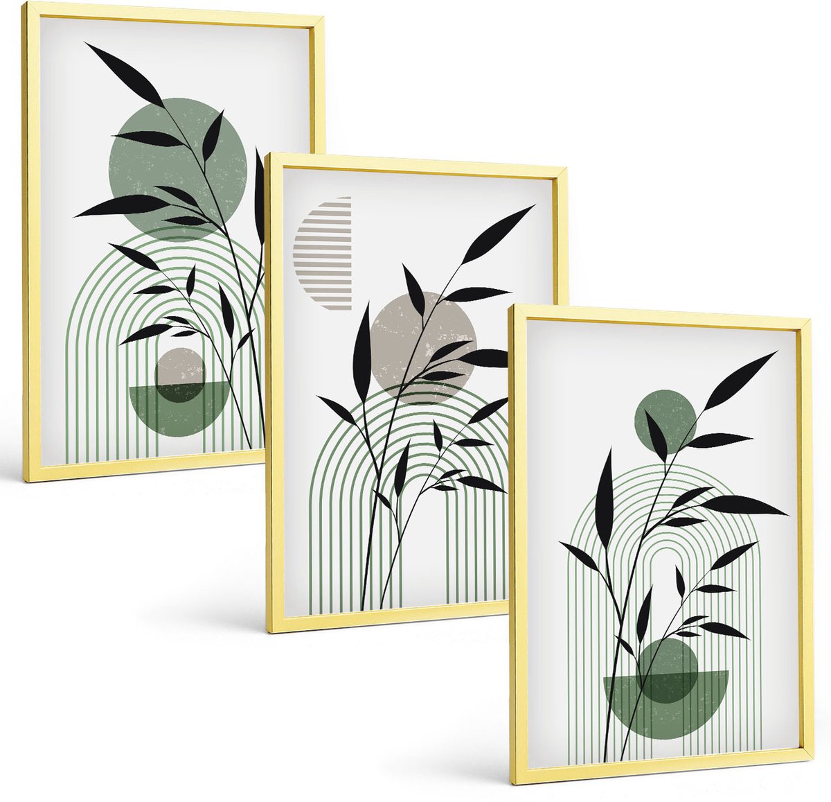 Coloray 3-Delige Schilderij Set - Abstracte Plantencomposities In Boho-Stijl - 40 x 40 cm En 40 x 60 cm - Wanddecoratie - Schilderijen Set - Kantoor - Muurdecoratie