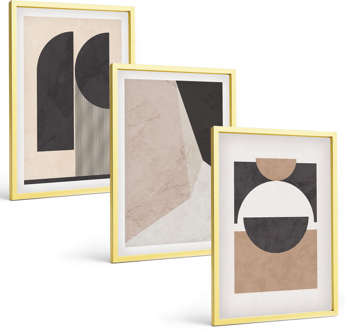 Coloray 3-Delige Schilderij Set - Abstracte Vormen In Beige En Bruine Tinten. - 40 x 40 cm En 40 x 60 cm - Decoratieve Muurdecoratie - Slaapkamer - Decoratieve Schilderijen