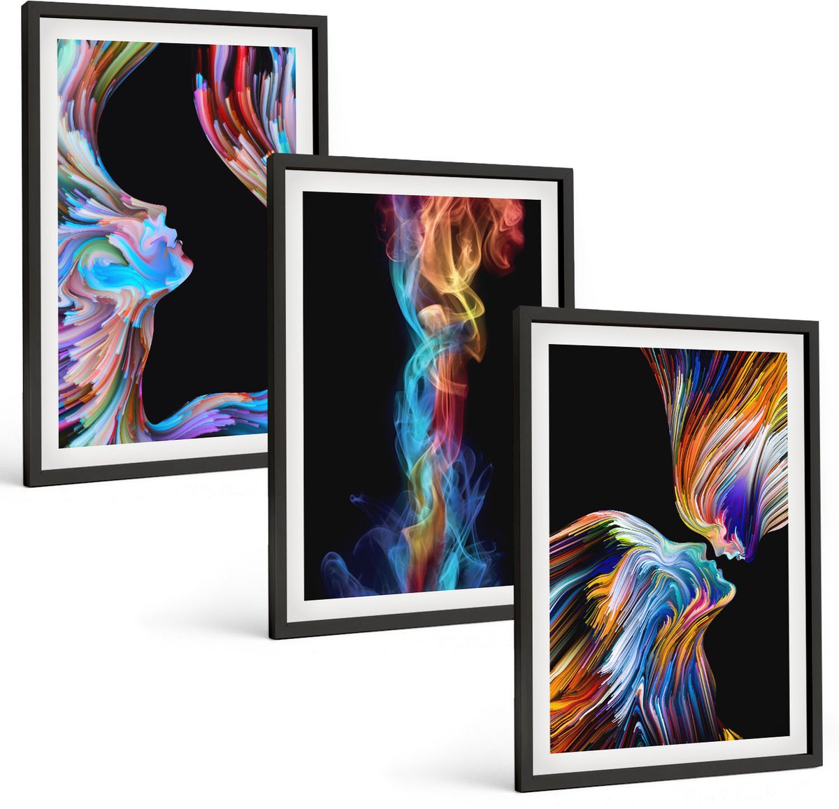 Coloray 3-Delige Schilderij Set - Kleurrijke Abstracties Met Gezichten En Dynamische Vormen - 40 x 60 cm - Stijlvolle Muurdecoratie - Kantoor