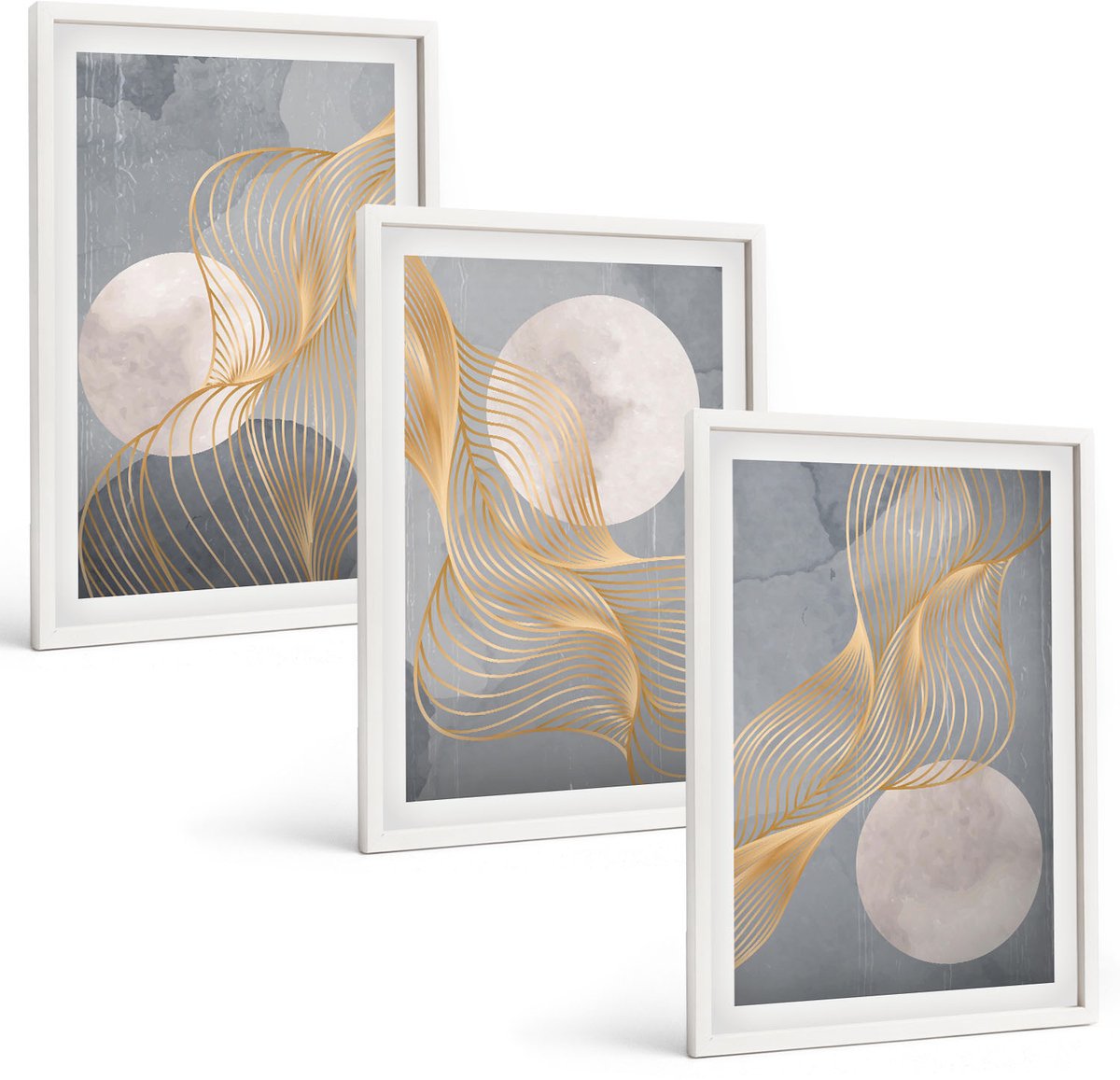 Coloray 3-Delige Schilderij Set - Abstracte Patronen Met Golven En Cirkels Op Een Grijze Achtergrond. - 40 x 60 - Wanddecoratie - Schilderijen Set - Interieur - Interieur Decoratie