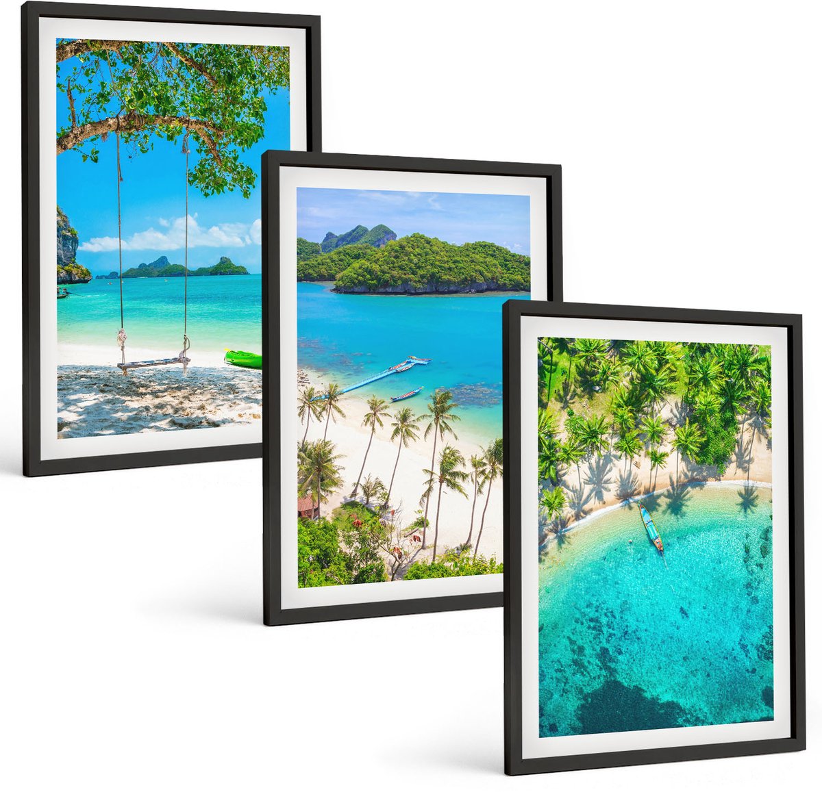 Coloray 3-Delige Schilderij Set - Tropische Stranden Met Palmbomen En Kristalhelder Water. - 40 x 60 cm - Muurdecoratie - Schilderijen Set - Woonkamer - Woonkamer Decoratie