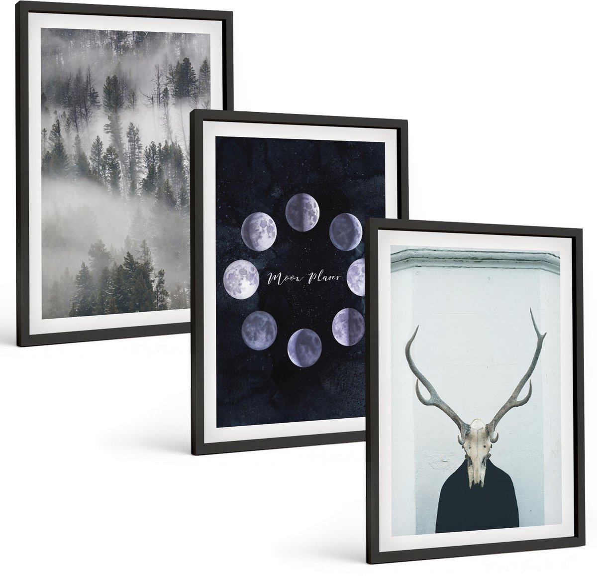 Coloray 3-Delige Schilderij Set - Boslandschap In De Mist Maanfasen Hertenschedel - 40 x 60 cm - Wanddecoratie - Moderne Interieurdecoratie - Muurdecoratie