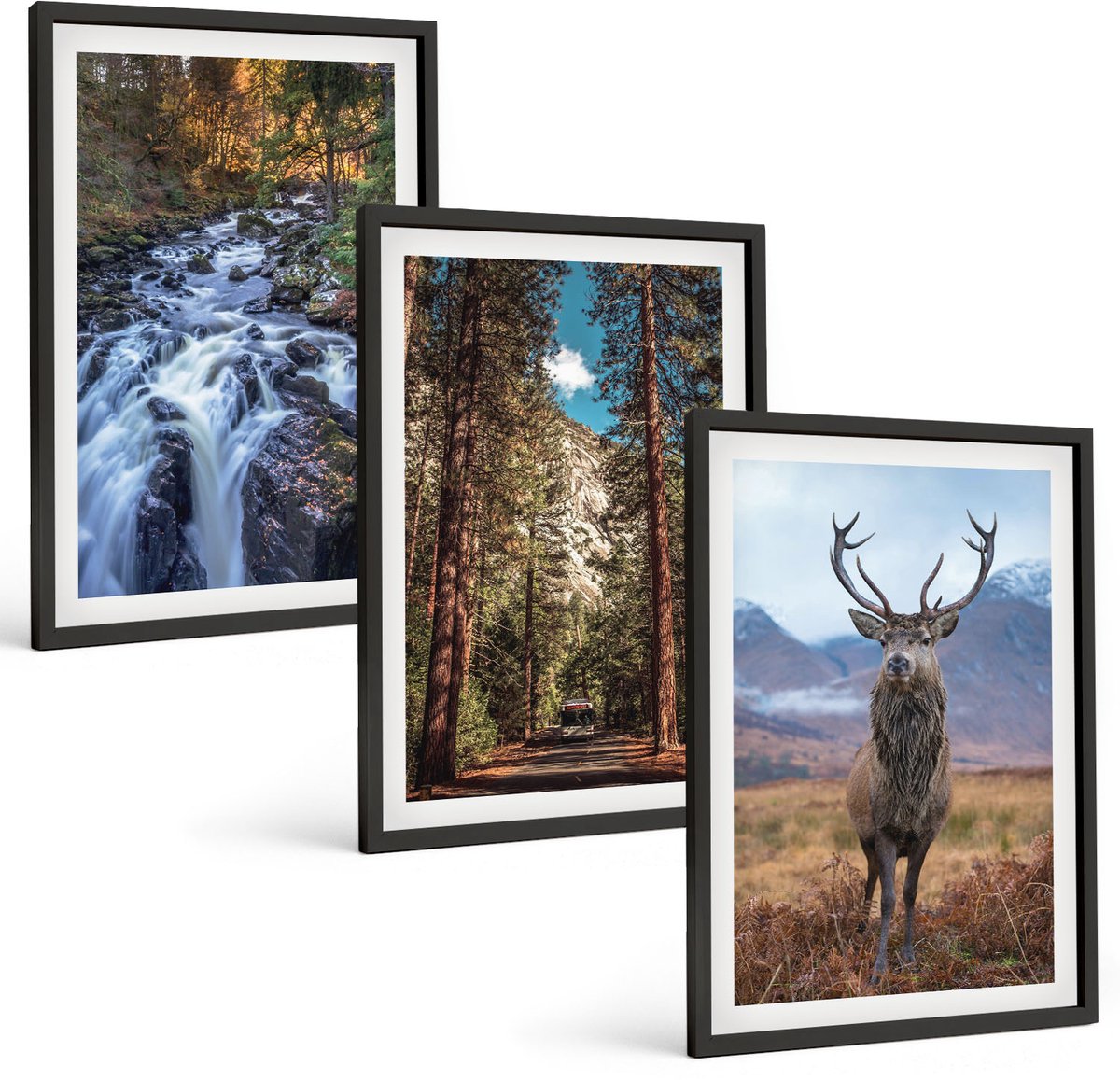 Coloray 3-Delige Schilderij Set - Waterval In Het Bosgebergte En Herten In De Natuur - 40 x 60 cm - Stijlvolle Muurdecoratie - Slaapkamer - Decoratieve Schilderijen