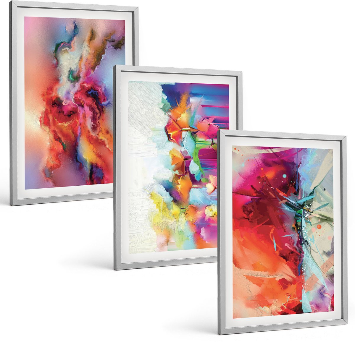 Coloray 3-Delige Schilderij Set - Kleurrijke Abstracties Met Dynamische Vormen En Figuren - 40 x 60 cm - Wanddecoratie - Moderne Interieurdecoratie - Woonkamer Decoratie