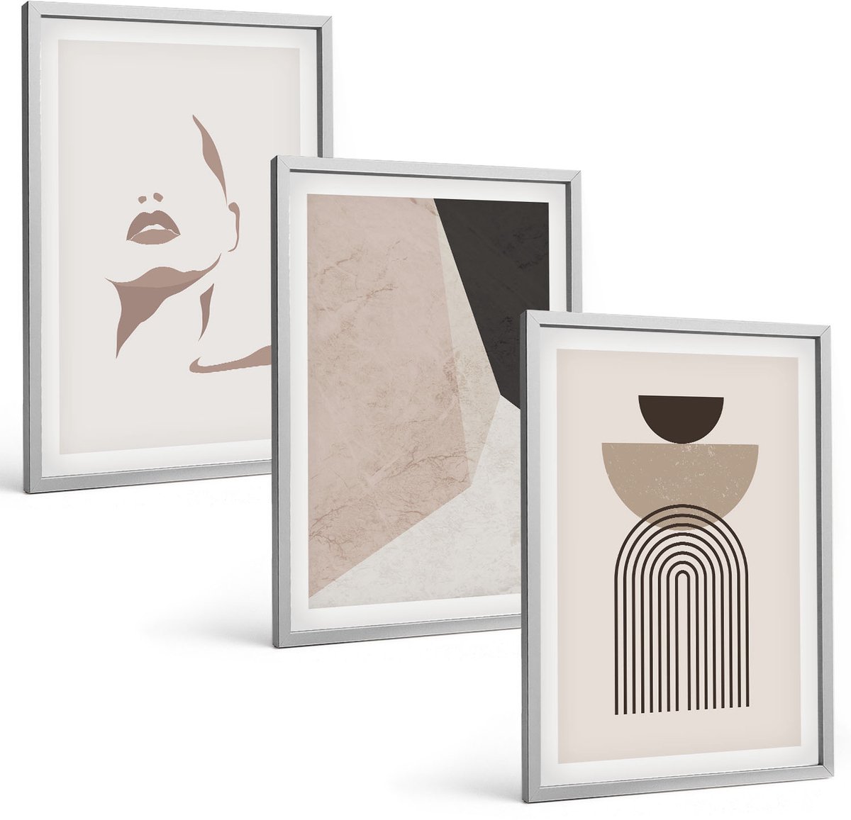 Coloray 3-Delige Schilderij Set - Abstracte Geometrische Vormen En Een Vrouwengezicht - 40 x 60 cm - Decoratieve Schilderijen - Wanddecoratie - Hal - Stijlvolle Muurdecoratie