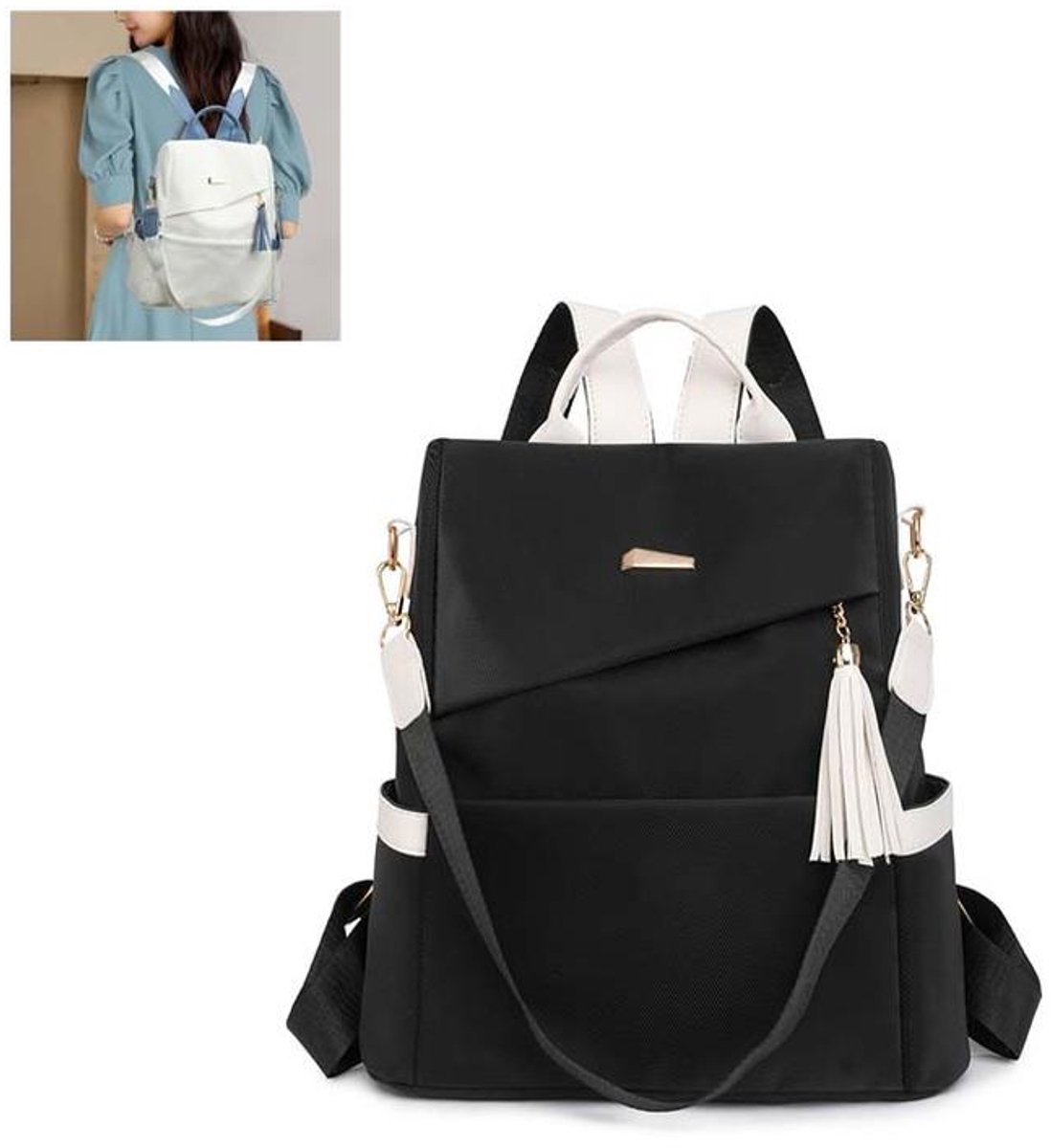 KZQ Mini damesrugzak - Tote bag - Lichtgewicht nylon met waterflesvak en antidiefstalfunctie - Geschikt voor reizen en dagelijks gebruik - Zwart/Wit