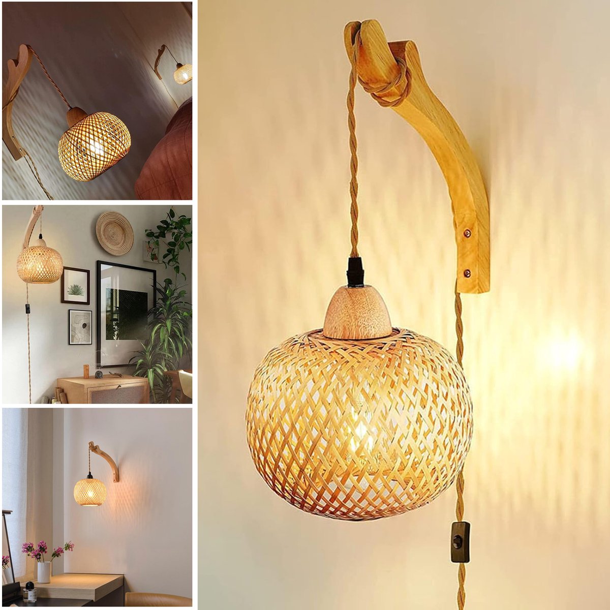 Wandlamp Met Stekker - Wandlamp Van Riet In Boerderijstijl - Handgeweven Rotan Wandlamp - Wandverlichting Voor Woonkamer En Slaapkamer