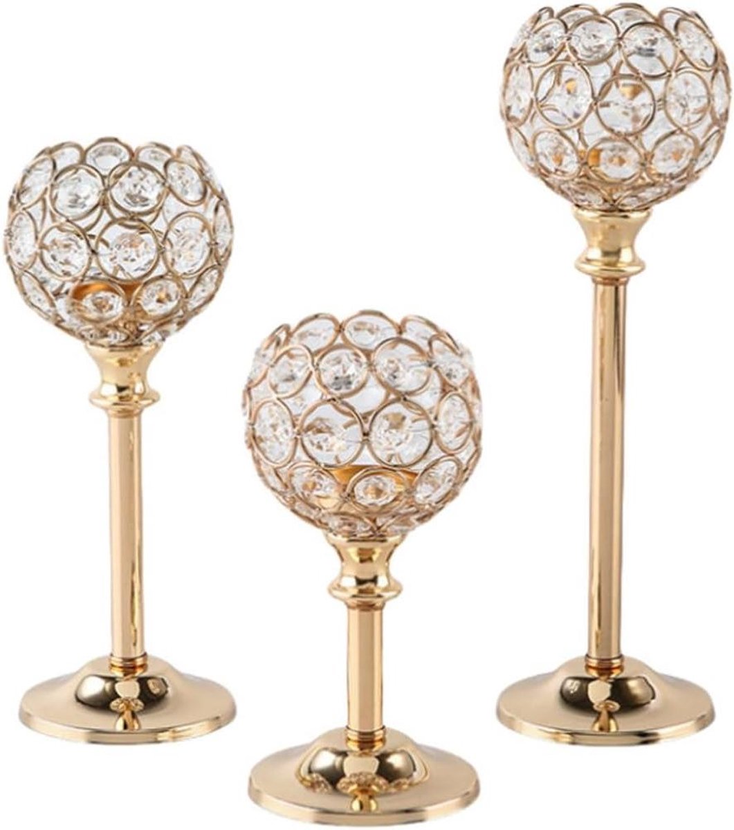 Kandelaars Set - Kaarsenstandaards Kristal - Sfeerverlichting Creëren - Drie Verschillende Hoogtes - 17 22 27 cm - Goud