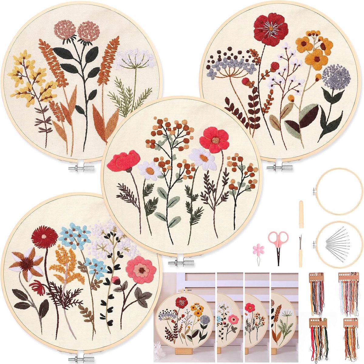 4 Borduurpakket voor Volwassenen, Complete Borduurset met Bloemen- en Plantmotieven voor Beginners, Inclusief 2 Bamboe Ringen en Gekleurd Garen, Handborduren DIY-borduurkit (Bloeiende Bloemen)