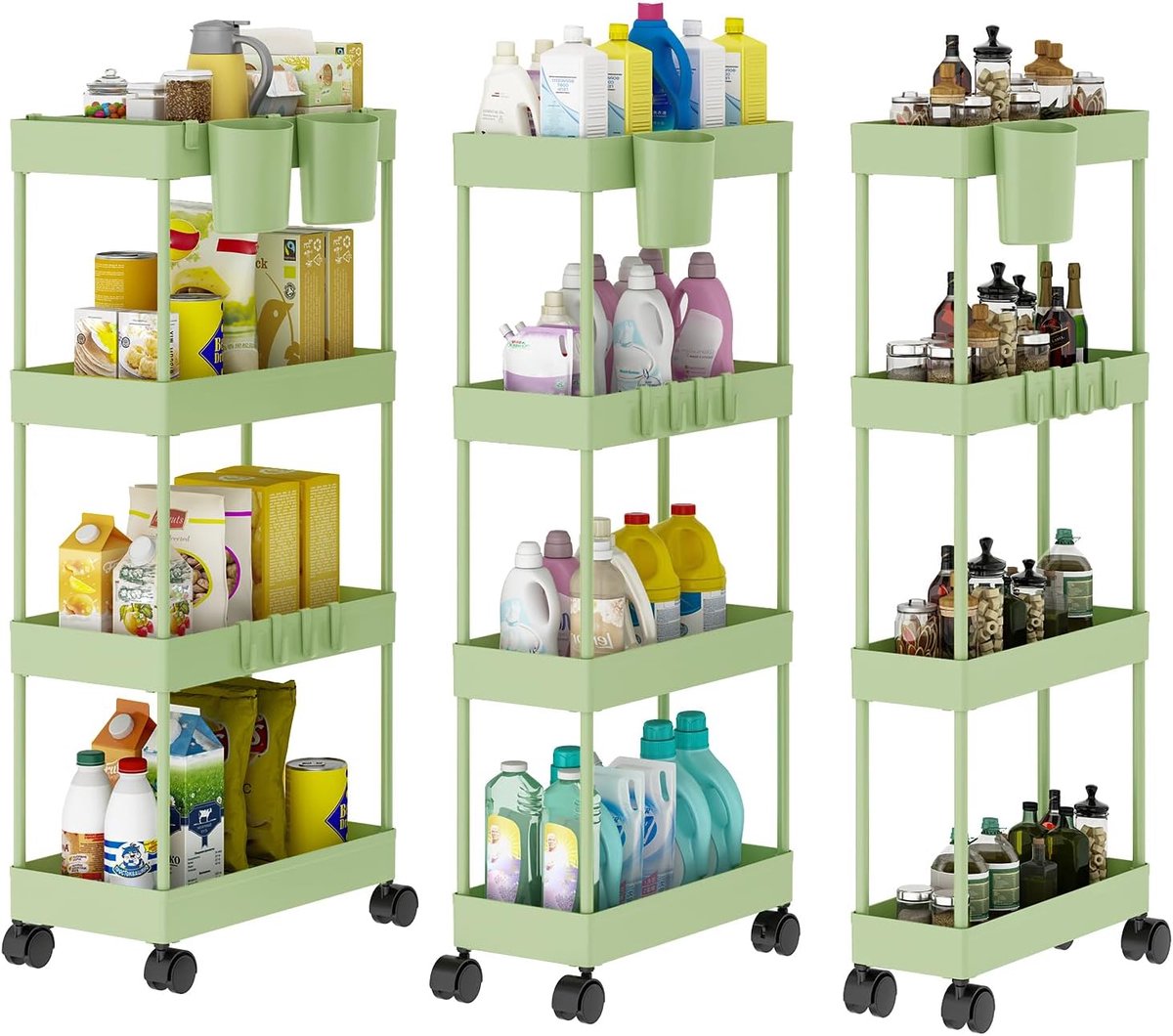 3 Extra Smalle Keukentrolley op Wieltjes 4 Niveaus Mobiele Lichtgewicht Karren Organizer voor Speelgoed (Groen)