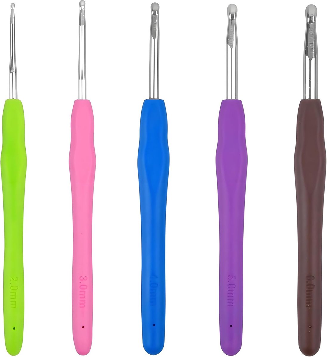 Haaknaalden, 5 stuks, haaknaalden 2 mm, 3 mm, 4 mm, 5 mm, 6 mm, 5 maten haaknaaldenset met kleurrijke siliconen handgreep 14 cm, haaknaalden voor beginners en haakliefhebbers, ergonomische