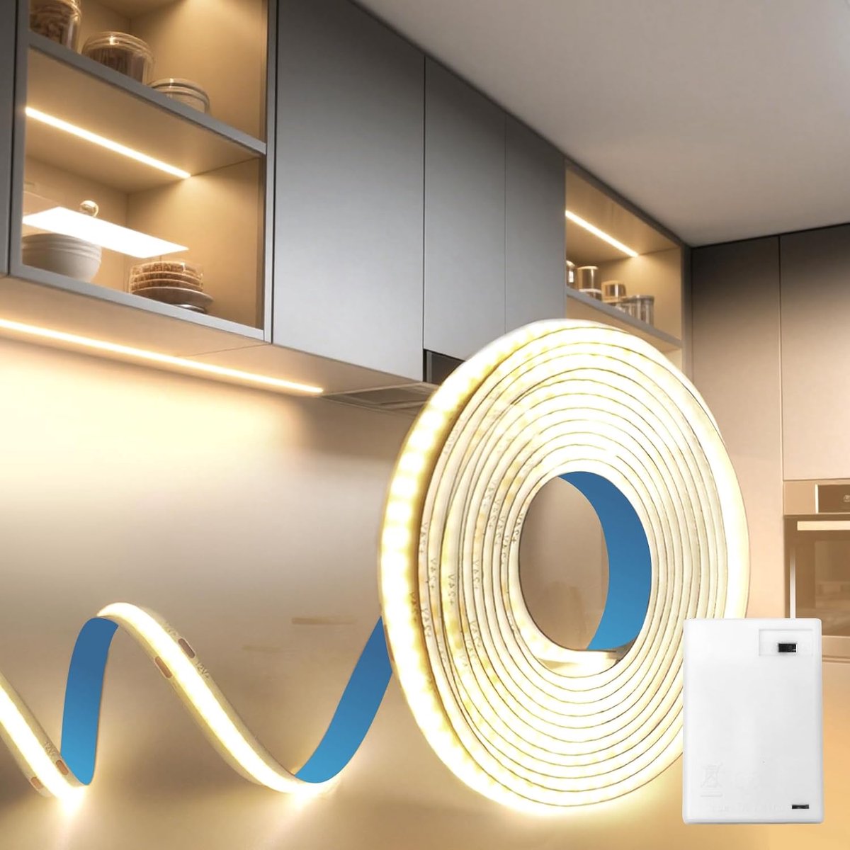Strip Batterijen COB 1M 5V 320LEDs/M Neutraal Wit 4000K Zelfklevend Flexibel Batterij Aangedreven Ledstrip Indoor voor Slaapkamer Keuken Kast Planken Trappen Woonkamer Decoraties