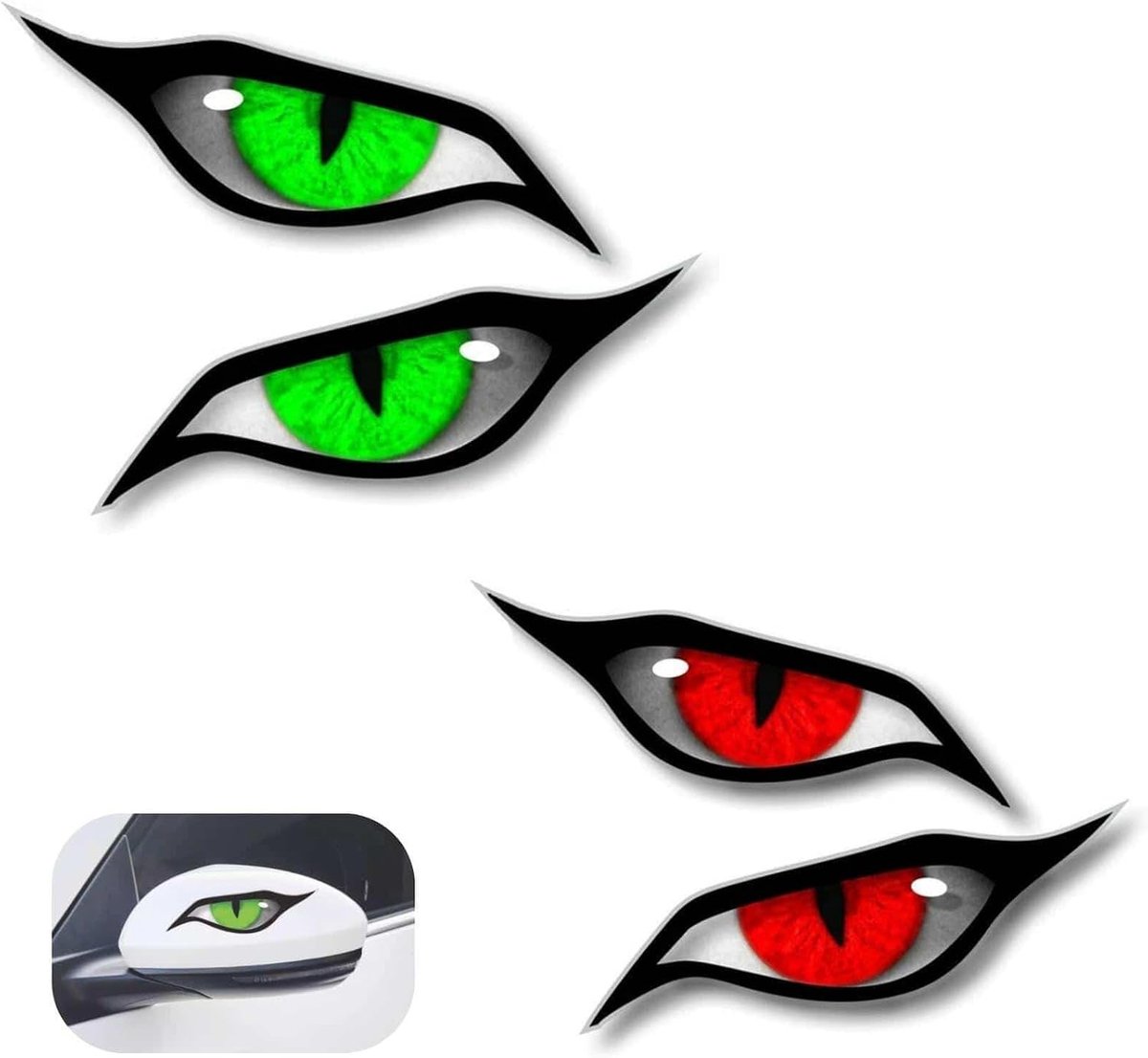 2 stuks boze ogen met groene iris vinyl drone, motorfiets, helm, auto, sticker, 140 x 60 mm