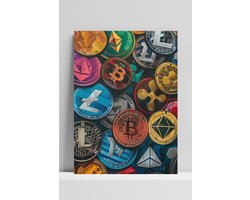 Crypto Munten Poster - Crypto - Litecoin - Bitcoin - Valuta - Kleuren - Abstracte - posters - formaat 60x90cm - 2249RTB - 3mm DIBOND - Aluminium Plaat - Metalen Wandbord