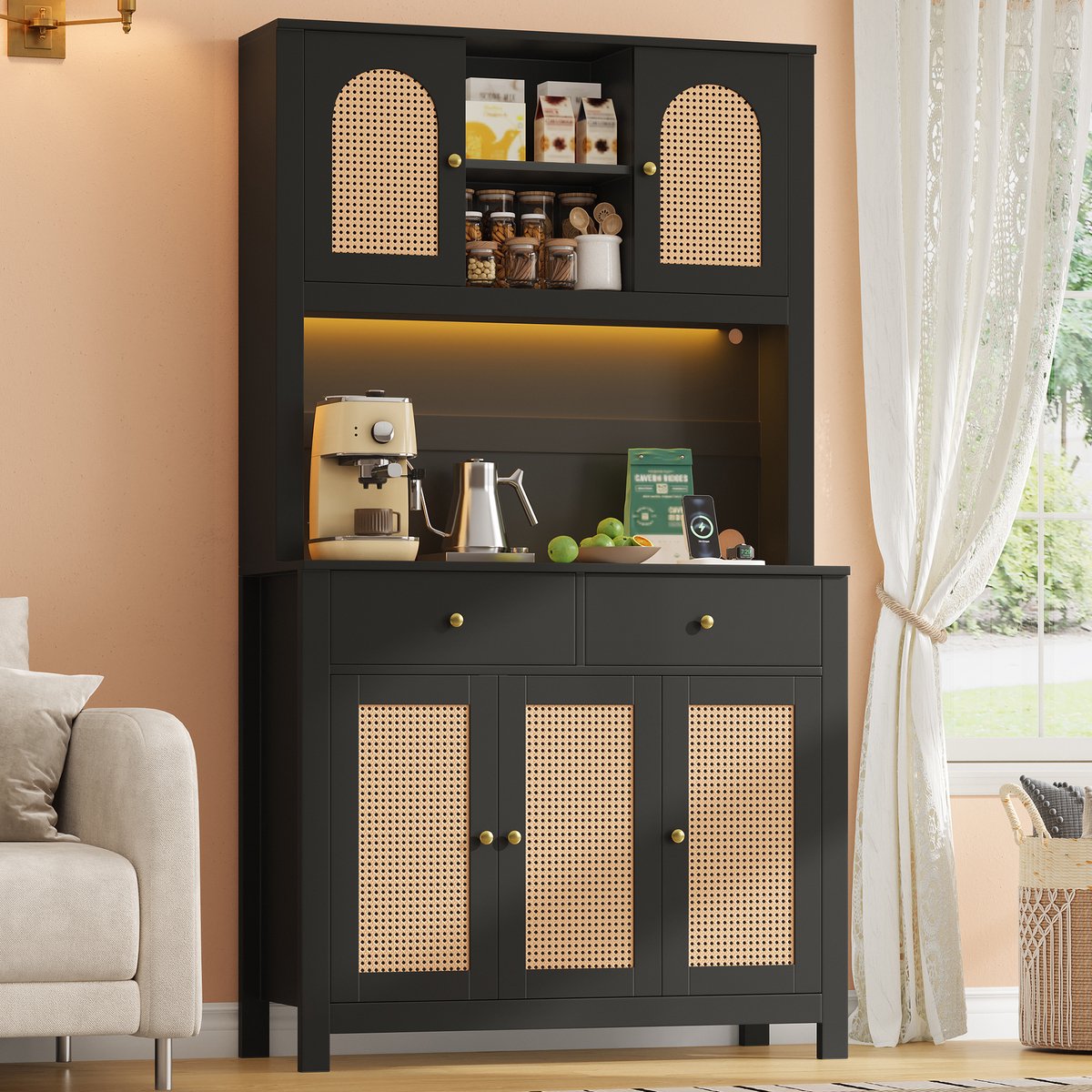 REDOM - Keukenkast - LED-verlichting - Hoge opbergkast met open vakken en 2 lades - Rattan deuren - Ingebouwde stopcontacten en USB-poorten - Modern - Woonkamer en eetkamer - MDF - Zwart - 100 x 40 x 180 cm