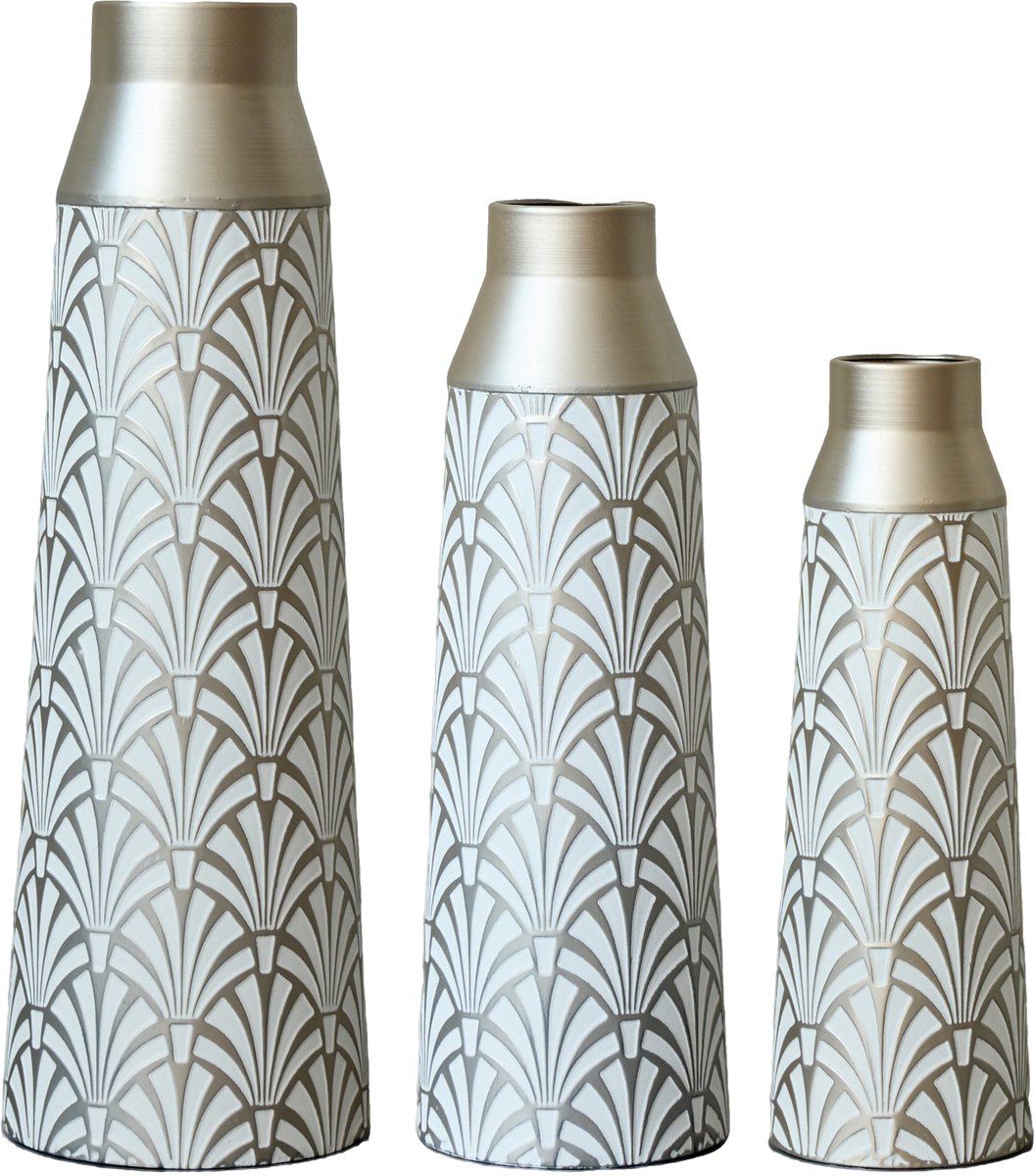 MODFU - Vaas - 3-Delig - Reliefpatroon - Wit - Zilver - 61 Cm