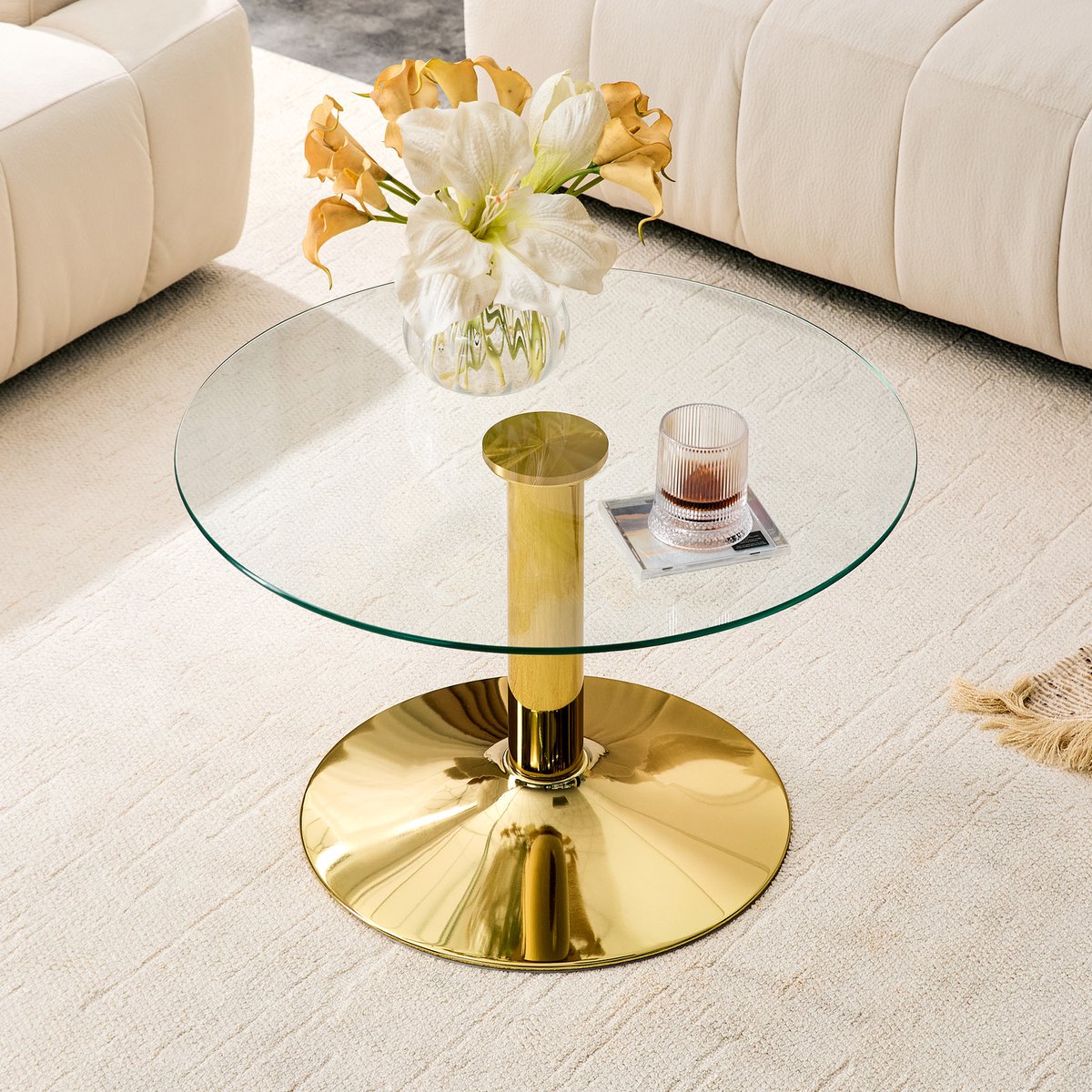 REDOM - Salontafel - Ronde glazen tafelplaat - Metalen onderstel met vaste basis - Modern - Woonkamer - Glas en metaal - Goud - 70 x 70 x 45 cm