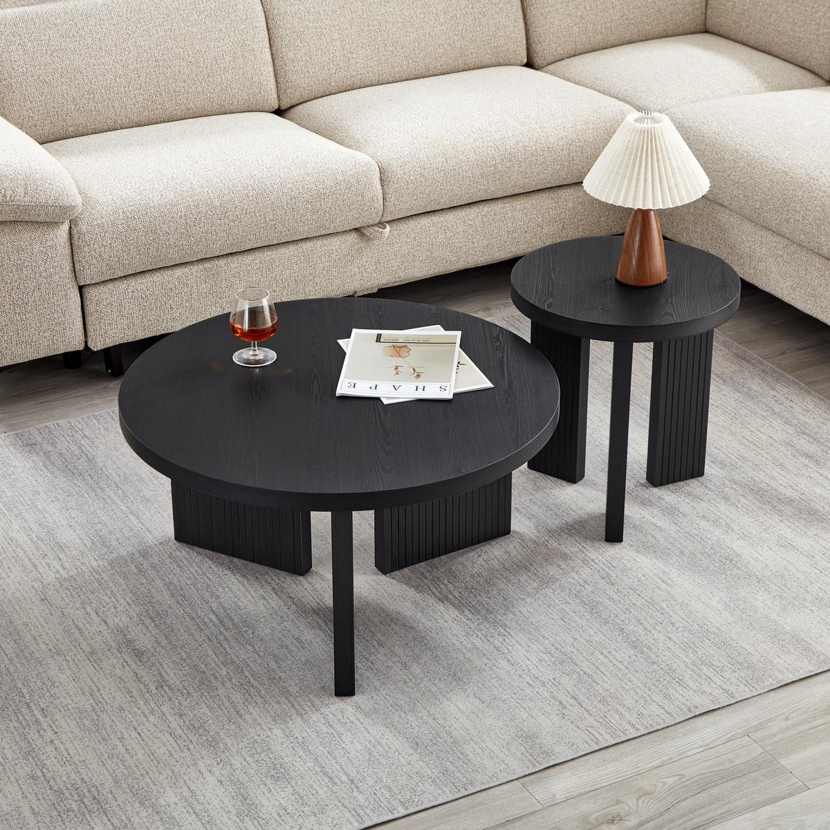 REDOM - Salontafelset - Ronde vorm - Vaste constructie - 2-delig - Modern - Woonkamer en kantoor - MDF - Zwart - 80 cm