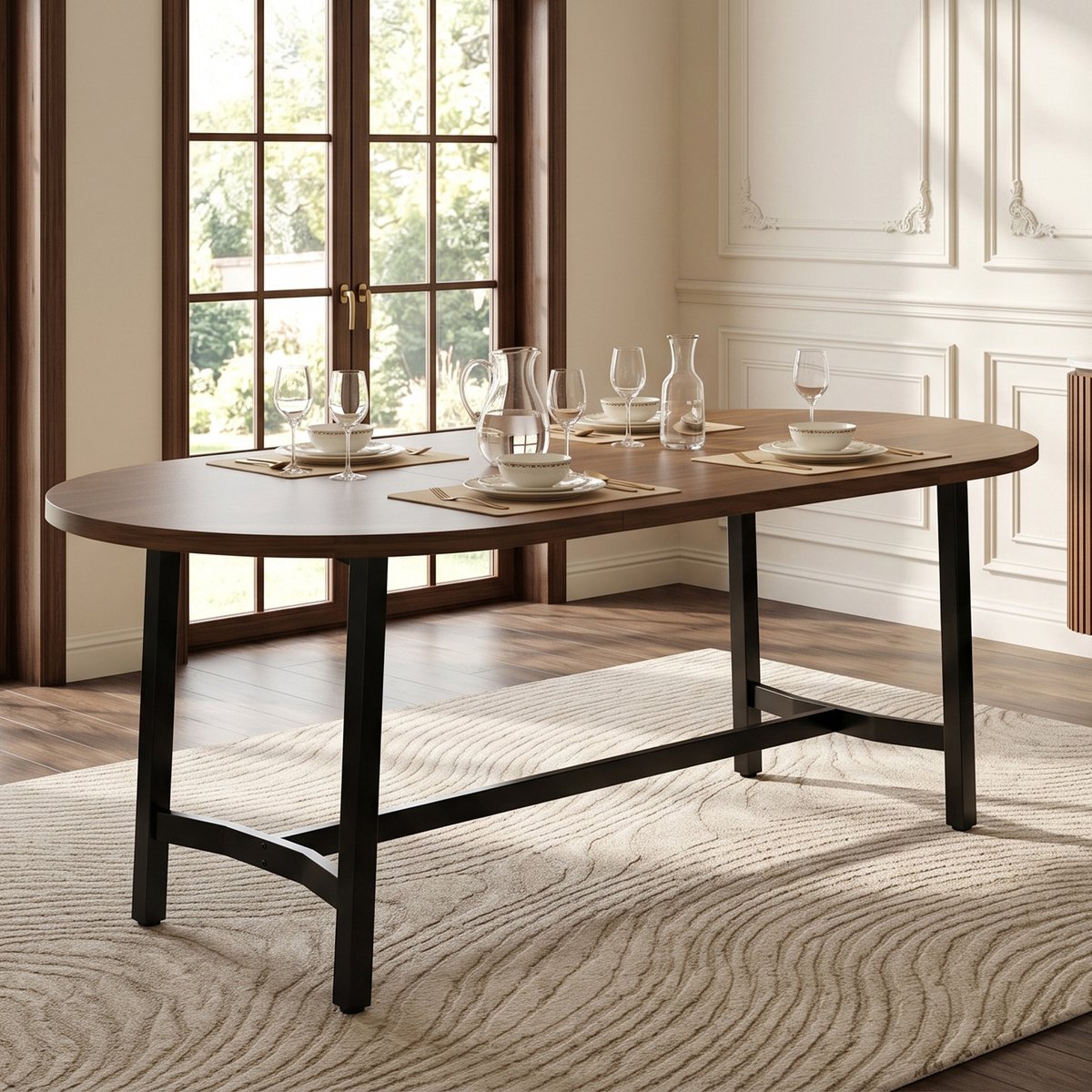 REDOM - Eettafel - Ronde hoeken - Stevige ijzeren poten - Moderne stijl - Eetkamer en woonkamer - MDF en ijzer - Walnoot - 180 x 80 x 75 cm