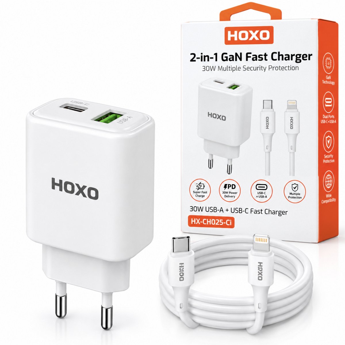 HOXO HX-CH025-Ci 30W GaN Snellader met Kabel – USB-C + USB-A – 30W PD Fast Charging – USB-C naar 8-Pin – Wit