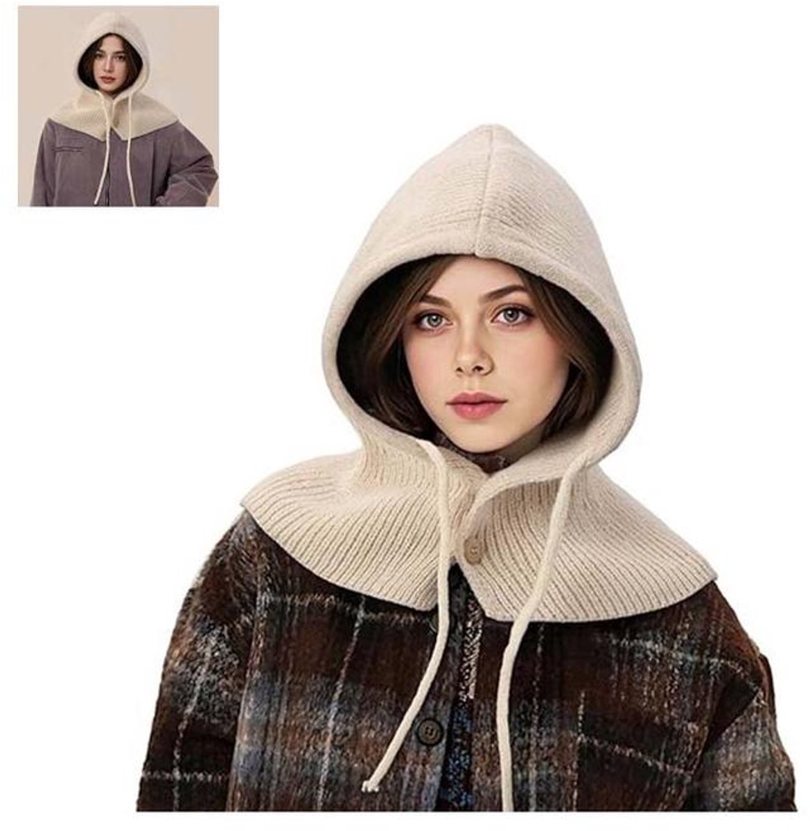 KZQ Gebreide wintermuts dames - Warme gebreide muts met oorflappen en halsbedekking, veelzijdig - Voor schaatsen, wandelen, outdoor - Beige