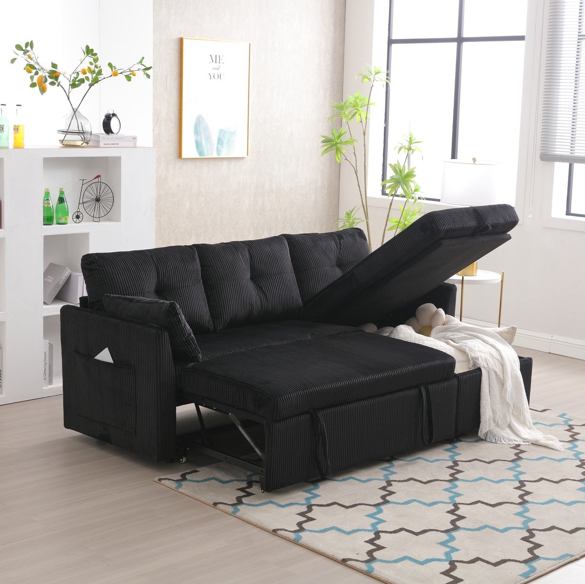 REDOM - Bank - Slaapbank met opbergruimte en uitklapbed - Modulair hoekbank - Verstelbare chaise longue - Modern minimalistisch - Woonkamer - Stof - Zwart - 206 x 108 x 66 cm