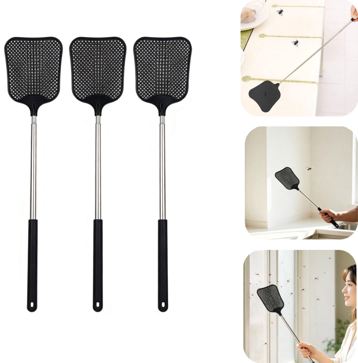 3 stuks vliegenmepper - muggenmepper - vliegenmepper - slaapkamer vliegenmepper - verlengd handvat - duurzaam - uitschuifbaar - lichtgewicht - inspanningsbesparend - huisaccessoire - geschikt voor kamperen, picknicken, binnen (zwart, 55,5*11 cm)