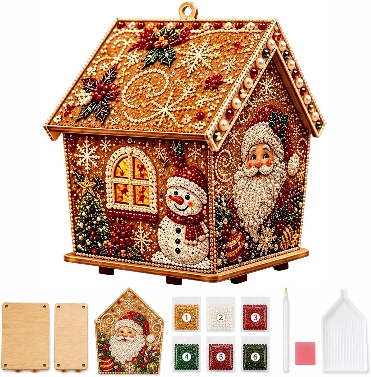 Namajunas - 3D Houten Huis Diamond Painting set - Parels - Diamond Painting Volwassenen & Kinderen - Met Diamond Painting Accesoires - Creatief Knutselen - DIY Knutselpakket - Kerstboomversiering - Kerstversiering Decoratie Binnen - Cadeau - Kerstman