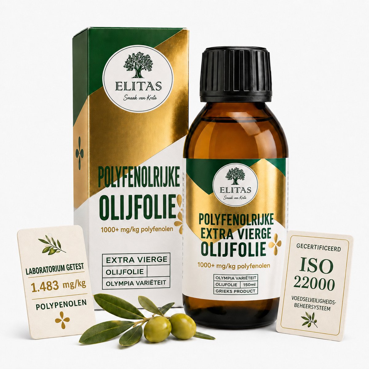 ELITAS Polyfenolrijke Extra Vierge Olijfolie – Griekse Olijfolie – Olympia-variëteit – Koud Geëxtraheerd – 1483 mg/kg Polyfenolen – 150 ml Glazen Fles – Laboratorium Getest