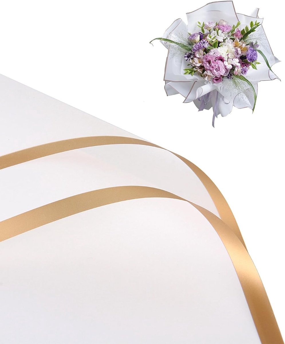 40 Vellen Waterdicht Bloemeninpakpapier met Gouden Rand, 50 x 50 cm, Perfect voor Bruiloften en Verjaardagen, Cadeauverpakking en Bloemistbenodigdheden