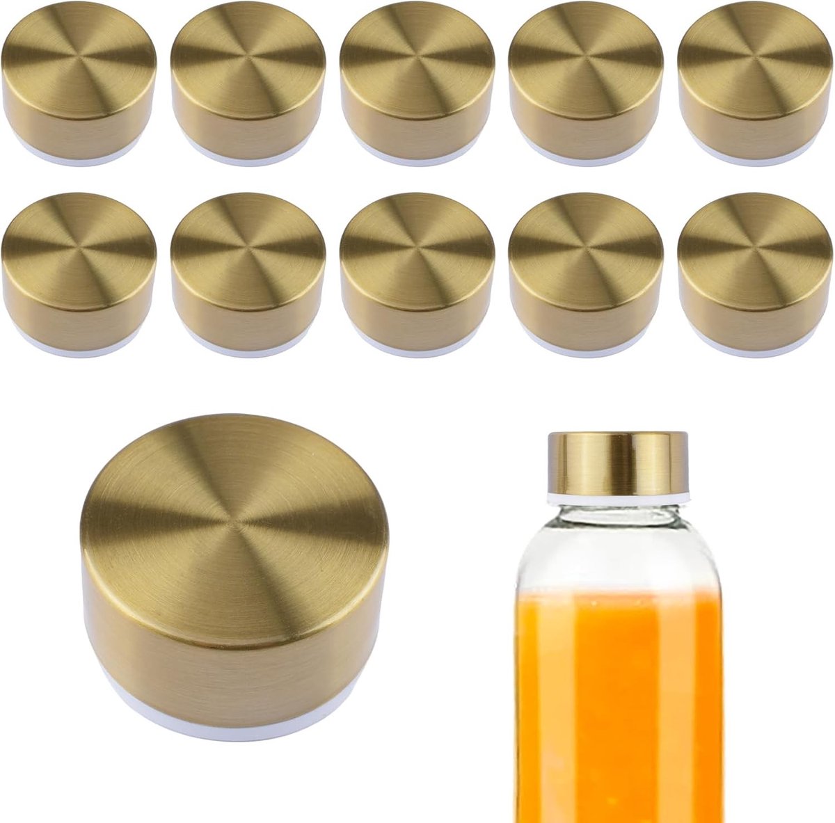 12 Stuks RVS Dekselset, Vervangende Flessendeksels voor Glazen Containers met 3.8 cm Diameter, Ideaal voor Keukenopslag, Water, Sap en Drankflessen (Goud)