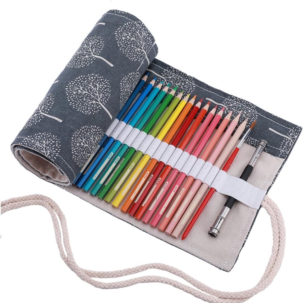 Handroll tas voor 36 kleurpotloden, canvas organizer voor kunstenaars, handige etui voor kinderen, grijs boomdesign
