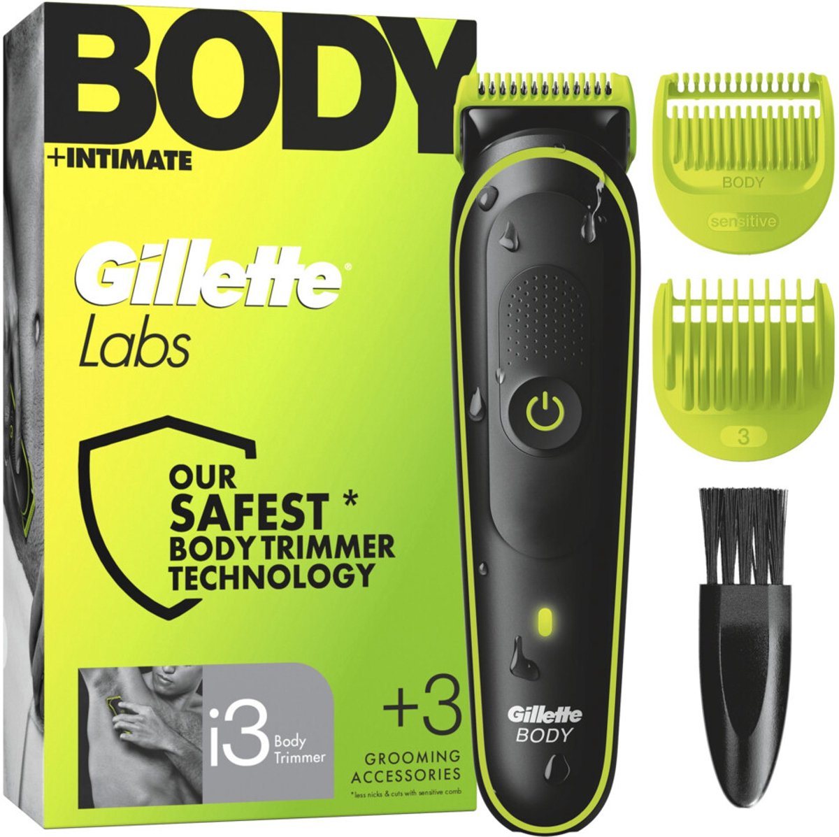 GilletteLabs i3 Body + Intimate Lichaamstrimmer maakt gebruik van SkinFirst-snijtechnologie voor tot 0% sneetjes en wondjes, wat zorgt voor de veiligste* lichaamstrimmertechnologie van Gillette.
