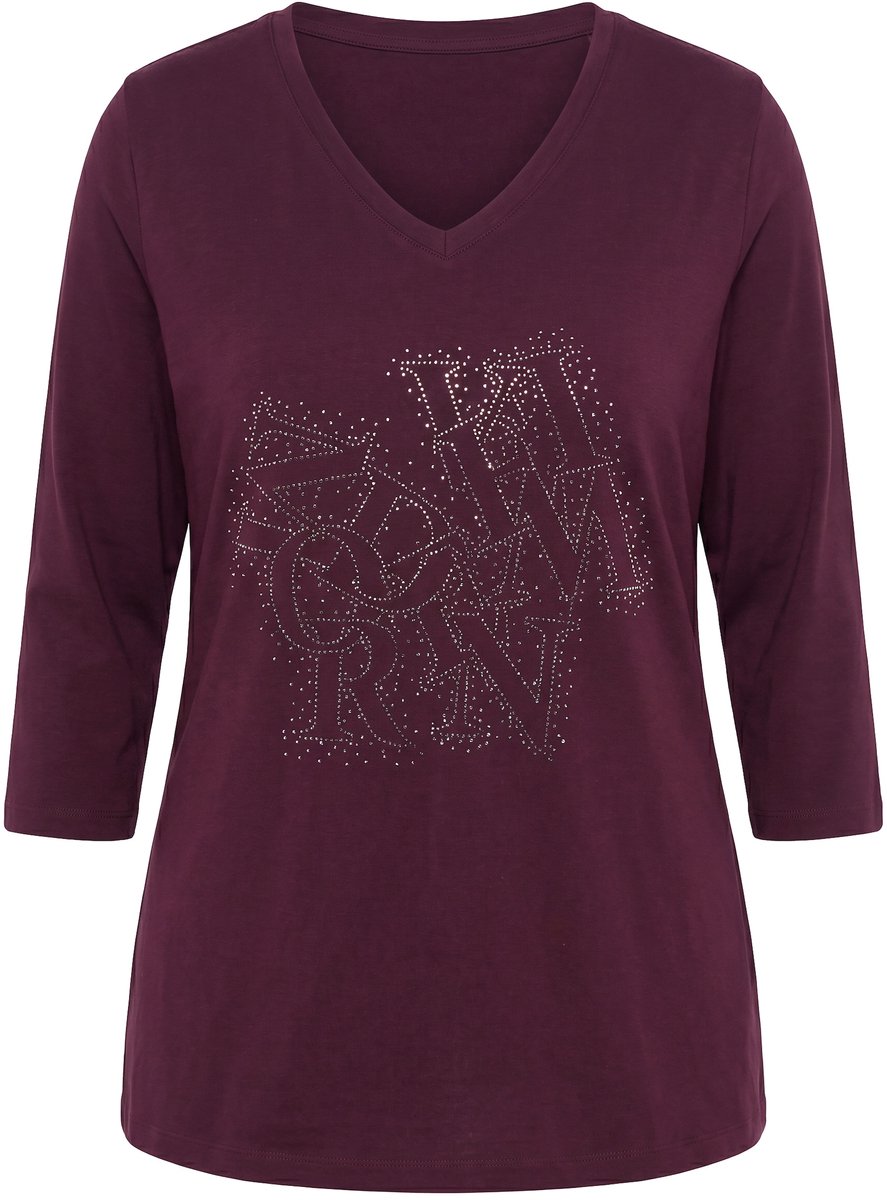 Ulla Popken - Dames - Shirt siersteentjes Classic V-hals 3/4-mouwen - Wijnrood - Maat 62+