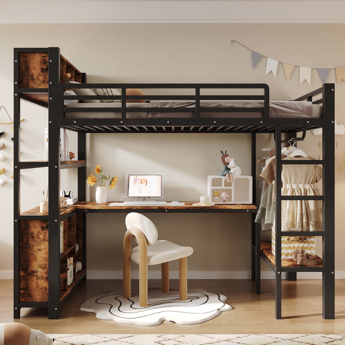 VVBV Hoogslaper 90x200 – Metalen Hoogslaper met Opbergruimte, Legplanken, Bureau, Kledingkast en Uitvalbeveiliging – Zwart