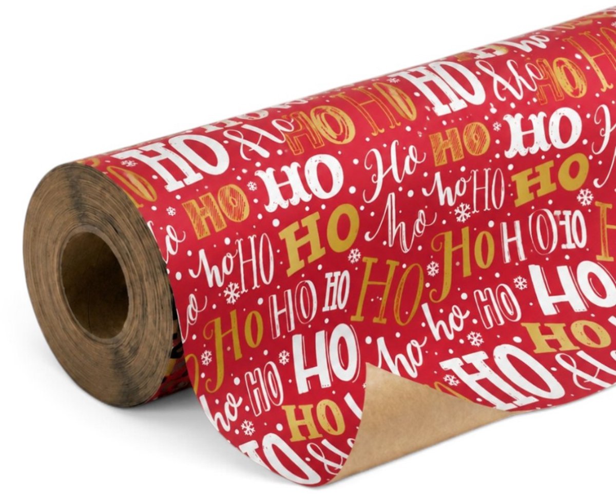 Cadeaupapier – Ho Ho Ho Christmas Rood/Goud – (1 STUK) – 700 × 70 cm – Feestelijke Kersttekst & Sneeuwvlokken – Kerst Inpakpapier – Duurzaam Kraftpapier – Hoogwaardige Kwaliteit