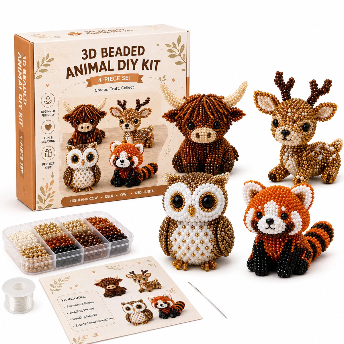 Vixson - DIY Kralen Dierenpakket - 4 Stuks - 3D Dieren Knutselset - Creatief Knutselpakket voor Kinderen & Volwassenen - Dierenkralen Hobby Set - Bosvrienden - ANIBEAD