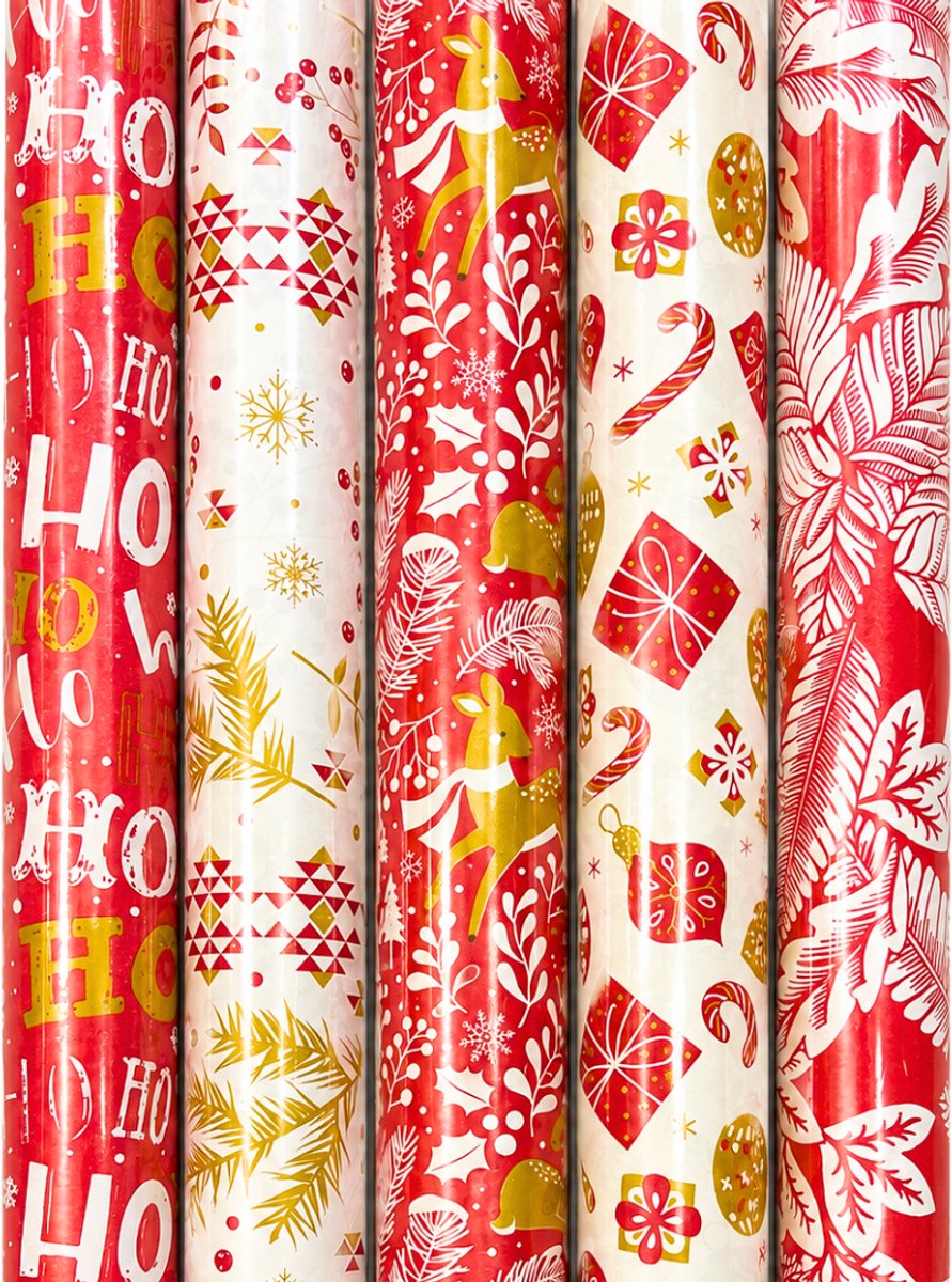 Cadeaupapier Set – Classic Christmas Collection (5 Stuks) – 200×70 cm – Rood, Wit & Goud – Rendieren, Kerstballen, Hulst & Feestelijke Prints – Inpakpapier